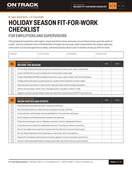 Holiday Season Fit-for-Work Checklist, page 1