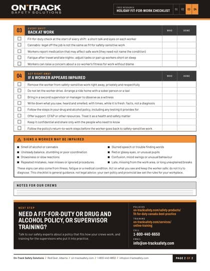 Holiday Season Fit-for-Work Checklist, page 2