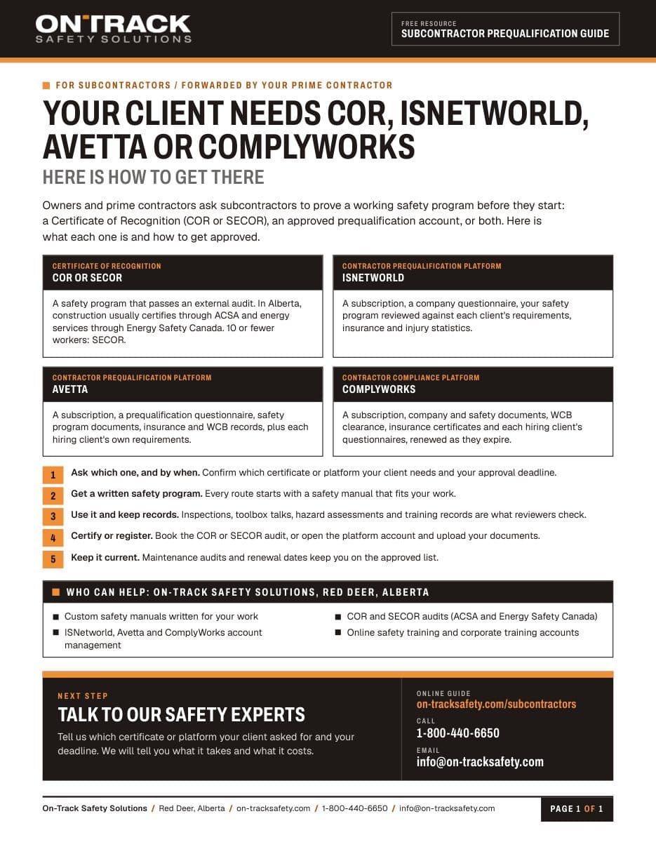 The one-page Subcontractor Prequalification Guide from On-Track Safety Solutions
