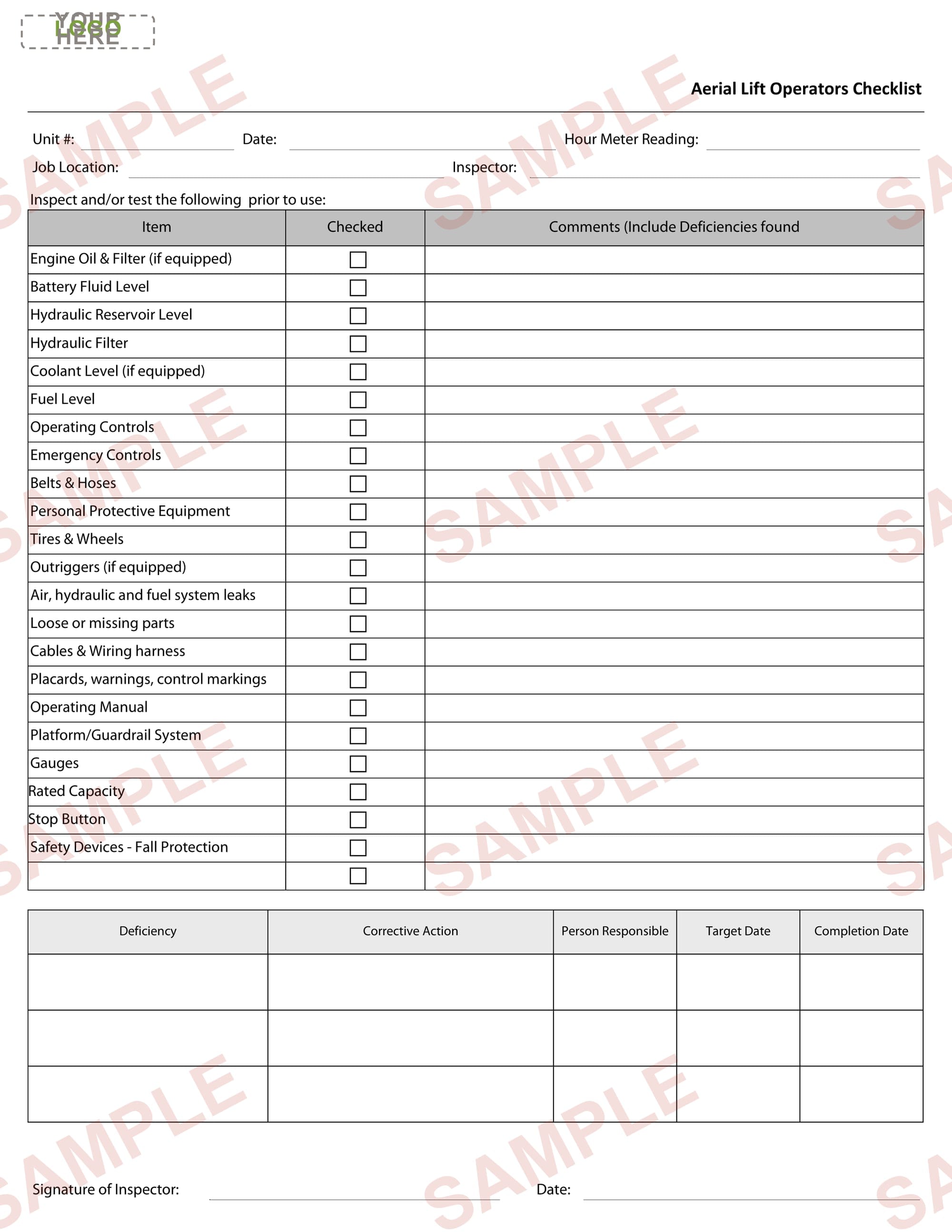 Aerial Lift Inspection Checklist