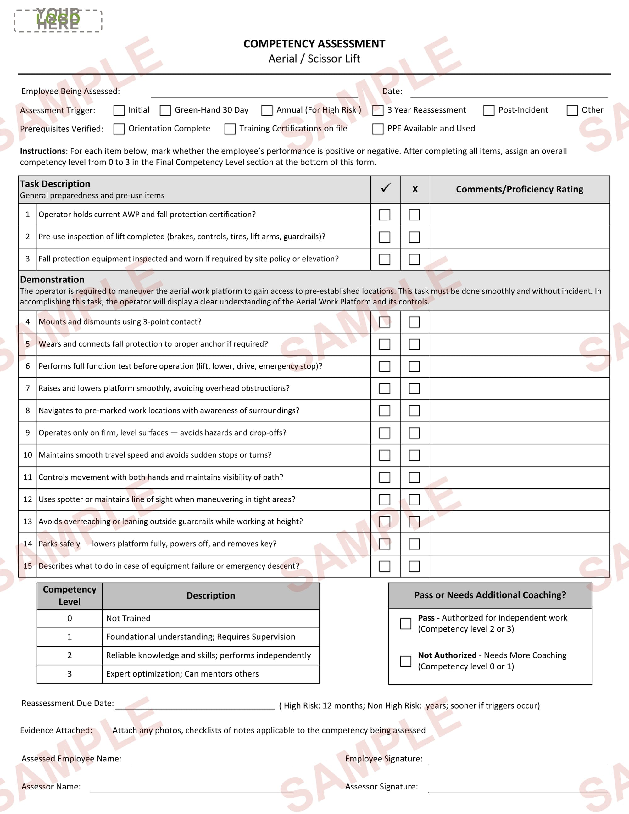 Aerial Work Platform - Competency Assessment Editable Form