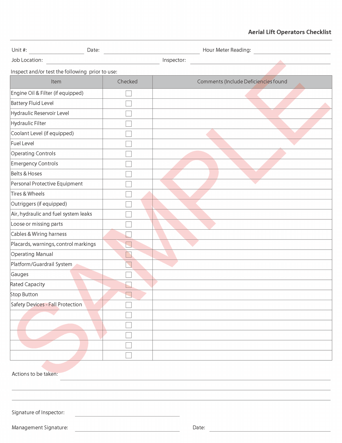 Aerial Work Platform Inspection Checklist (Editable Word Doc)