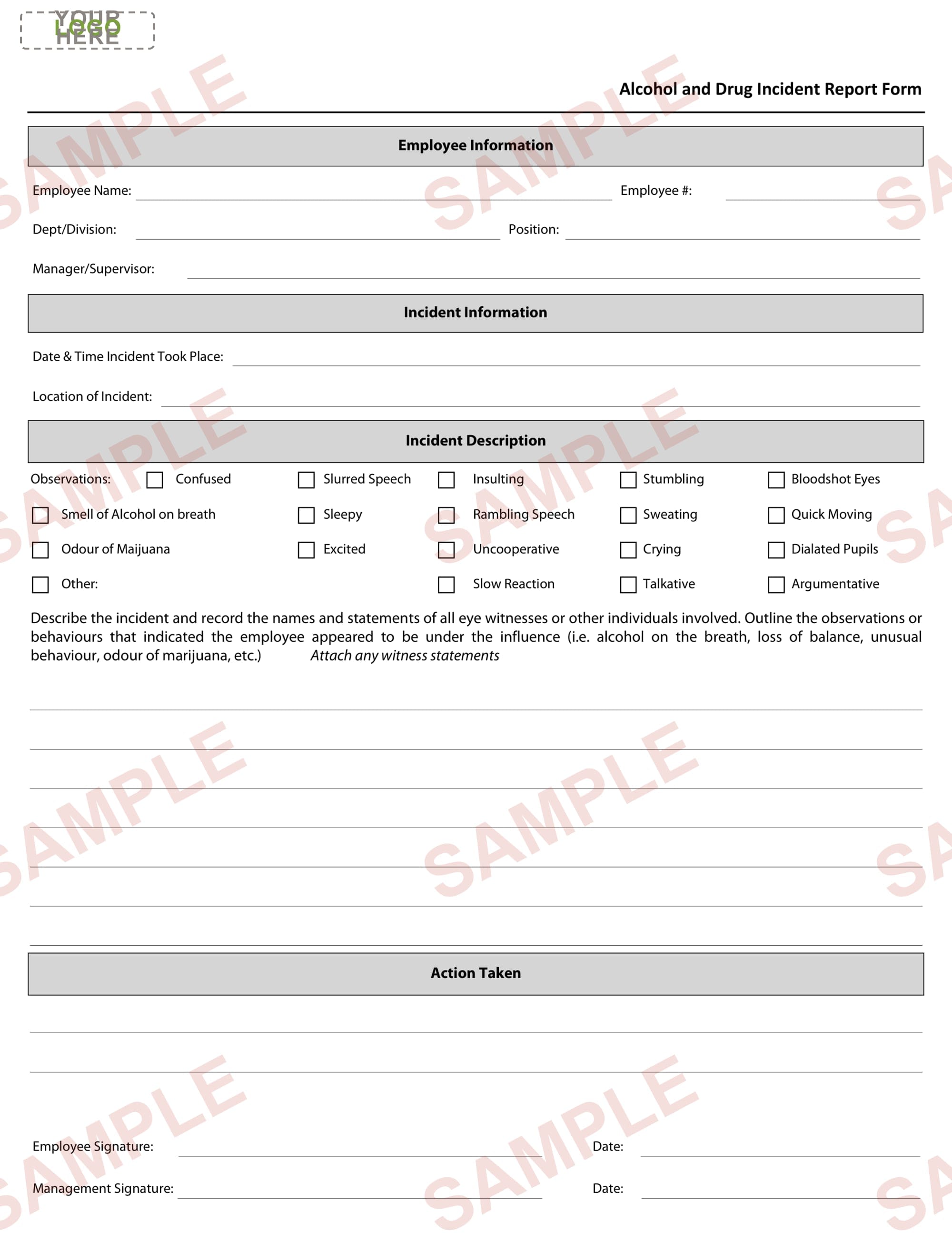 Alcohol and Drugs Incident Report Form