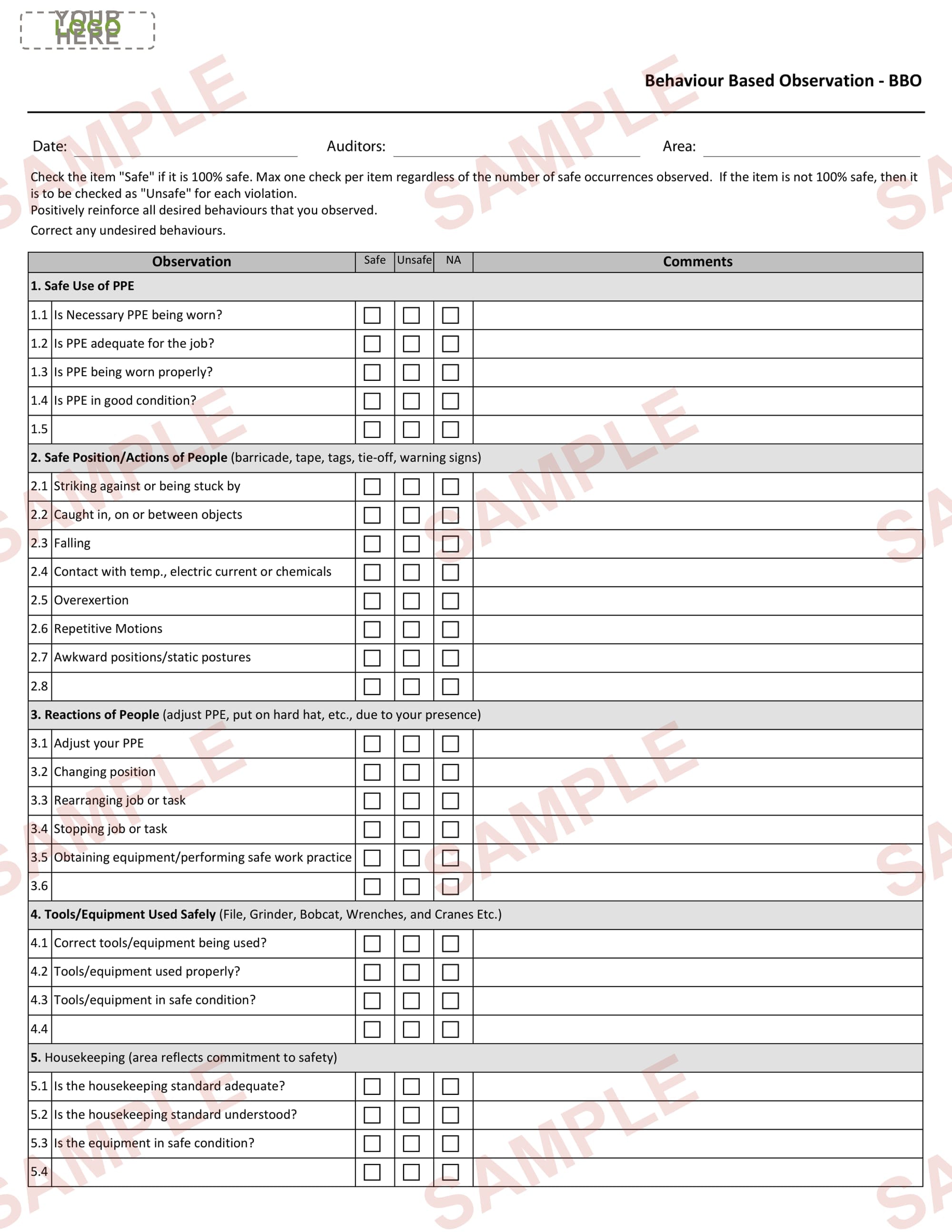 Behaviour Based Observation (BBO) Checklist – Editable Word Format
