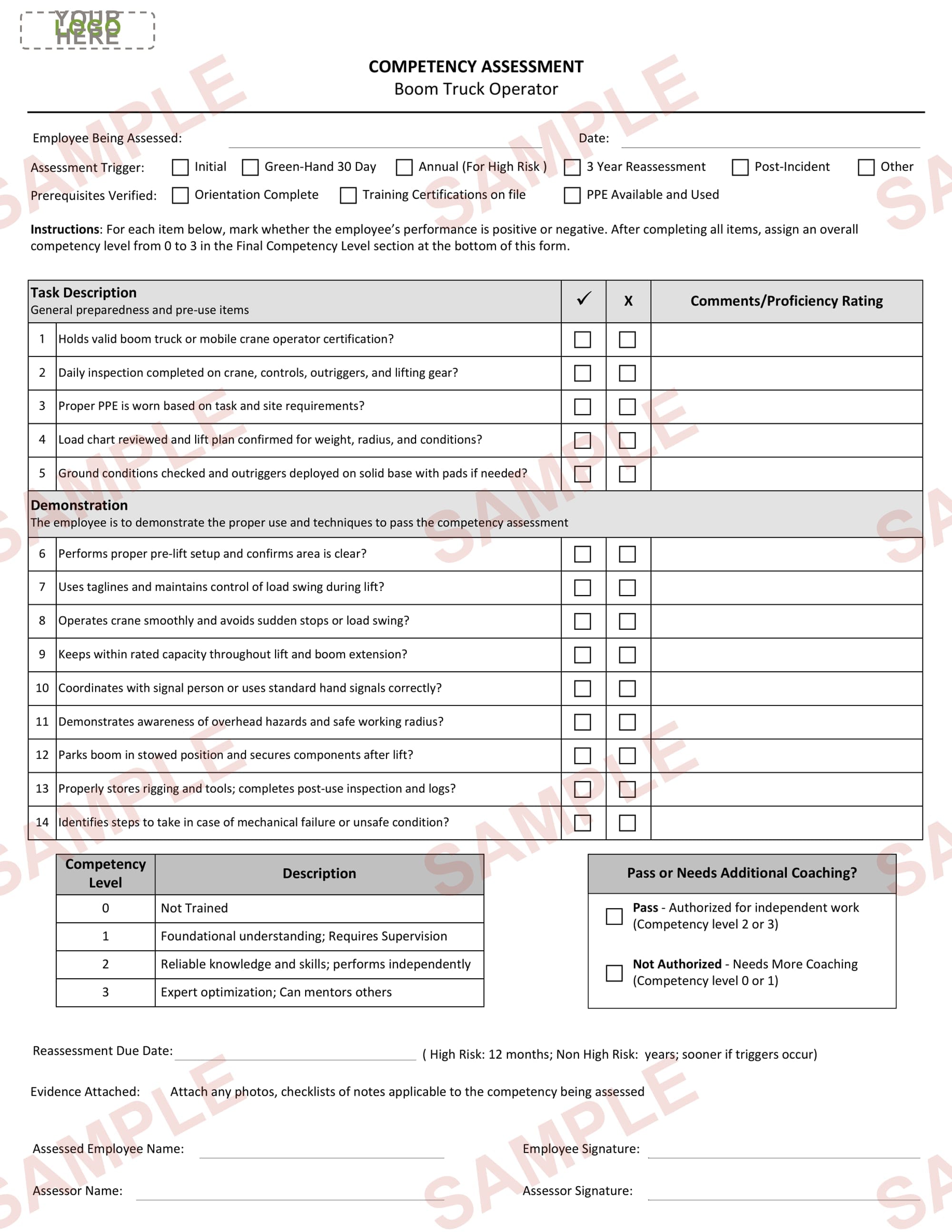 Boom Truck - Competency Assessment Editable Form