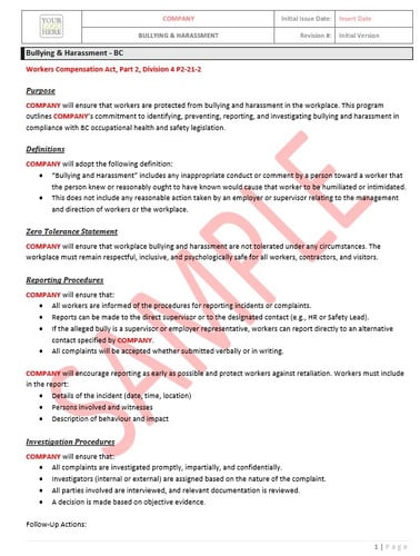 Bullying & Harassment – BC RAVS Template
