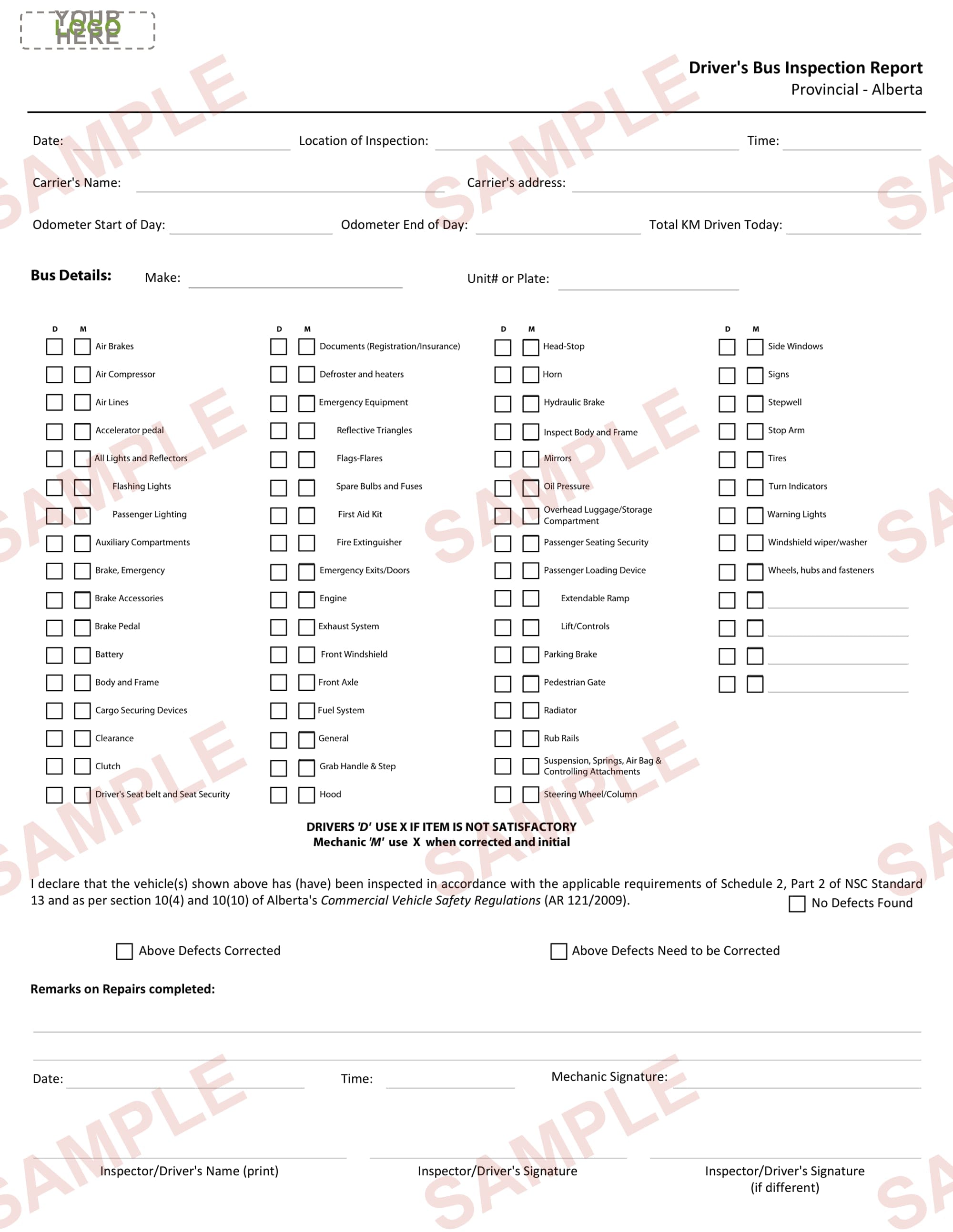 Bus Drivers Inspection Report - Prov. Alberta