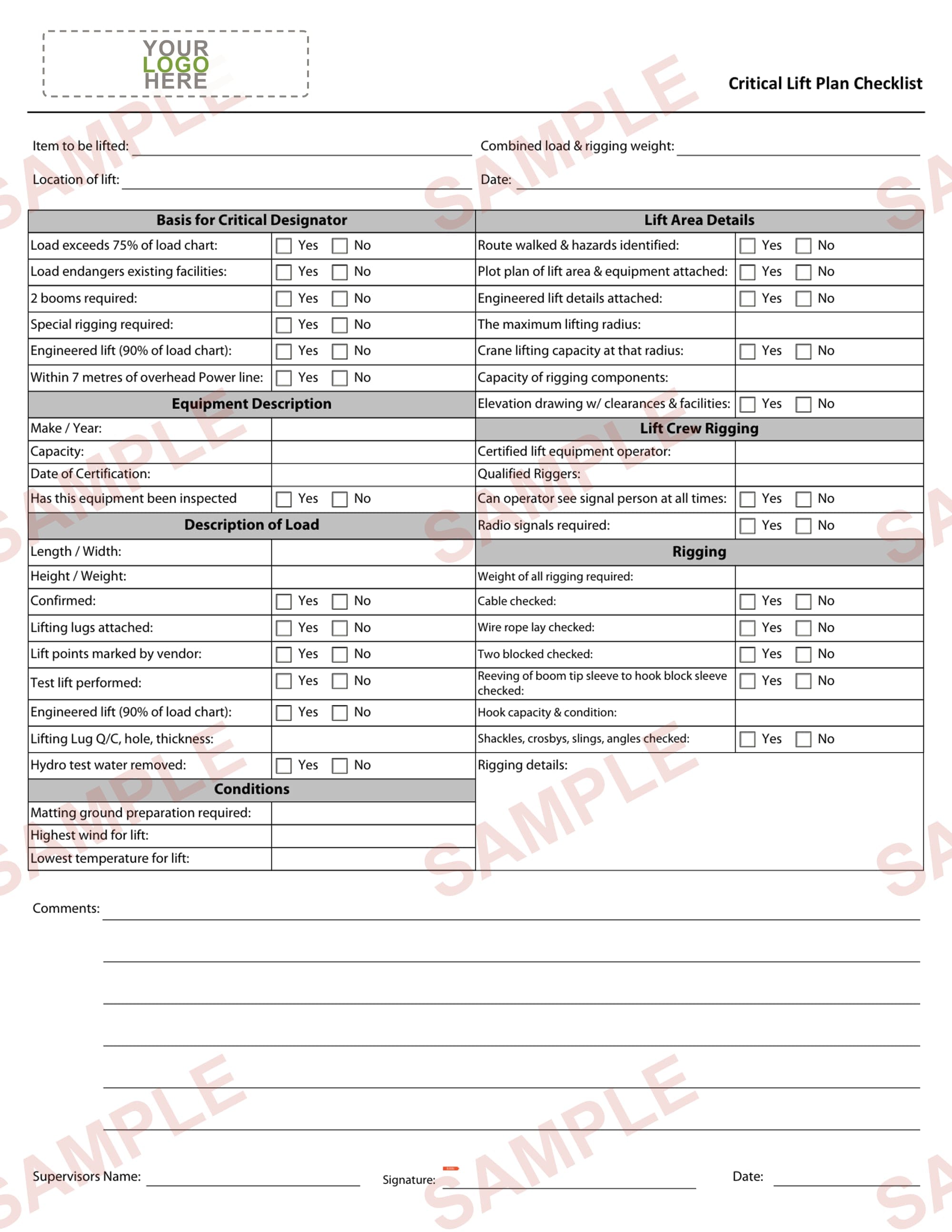Critical Lift Plan Checklist Form