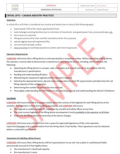 Critical Lifts - Canada - Industry Practices