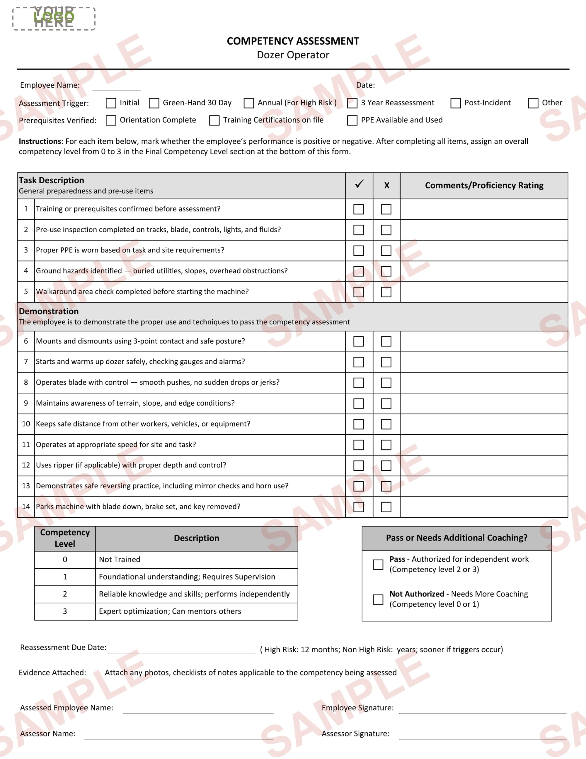 Dozer Operator - Competency Assessment Form Editable Form