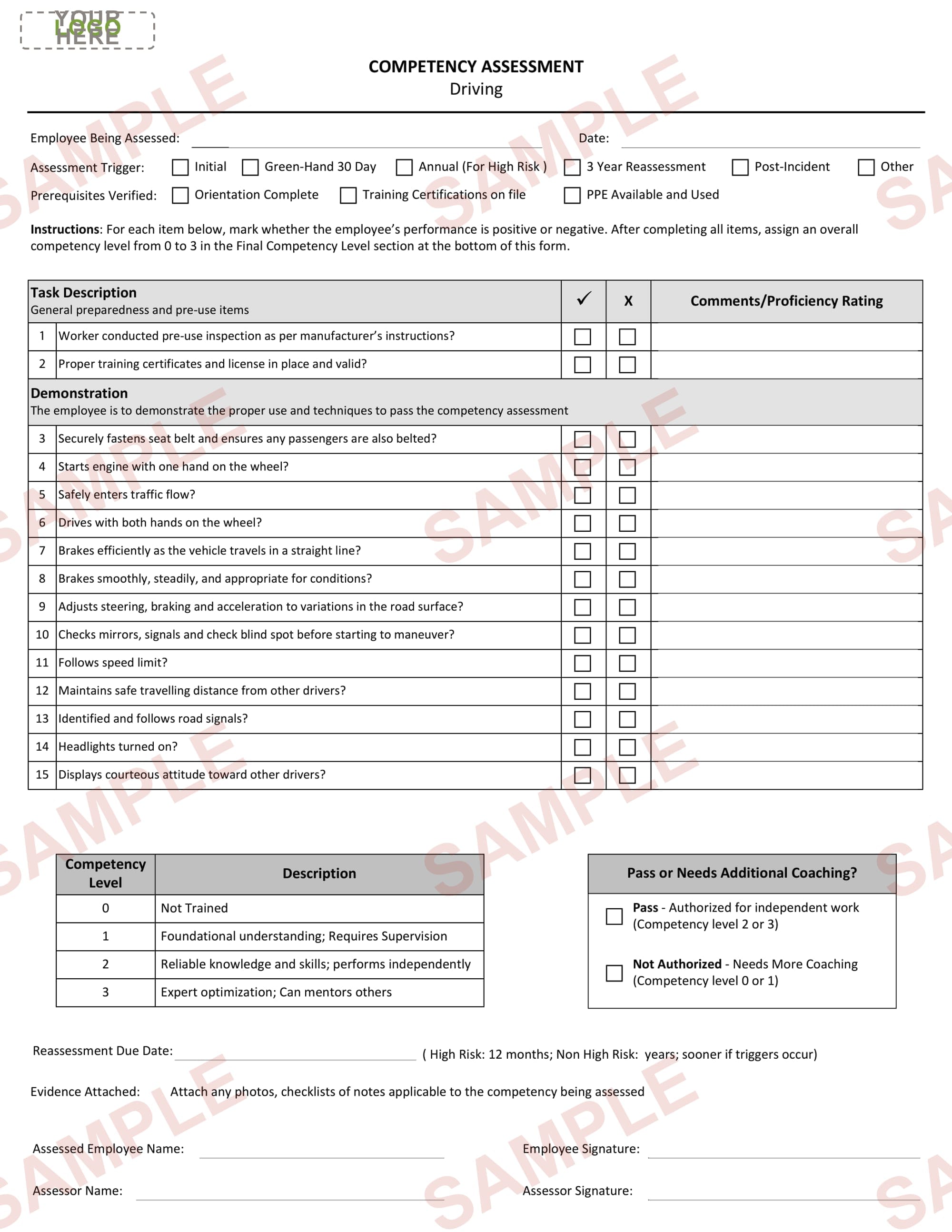 Driving - Competency Assessment Form - Editable Form