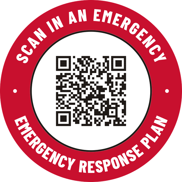 Red Scan in an Emergency hard hat decal with a QR code