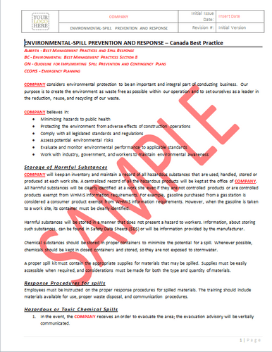 Environmental Spill Prevention and Response - Canada Industry Practice RAVS