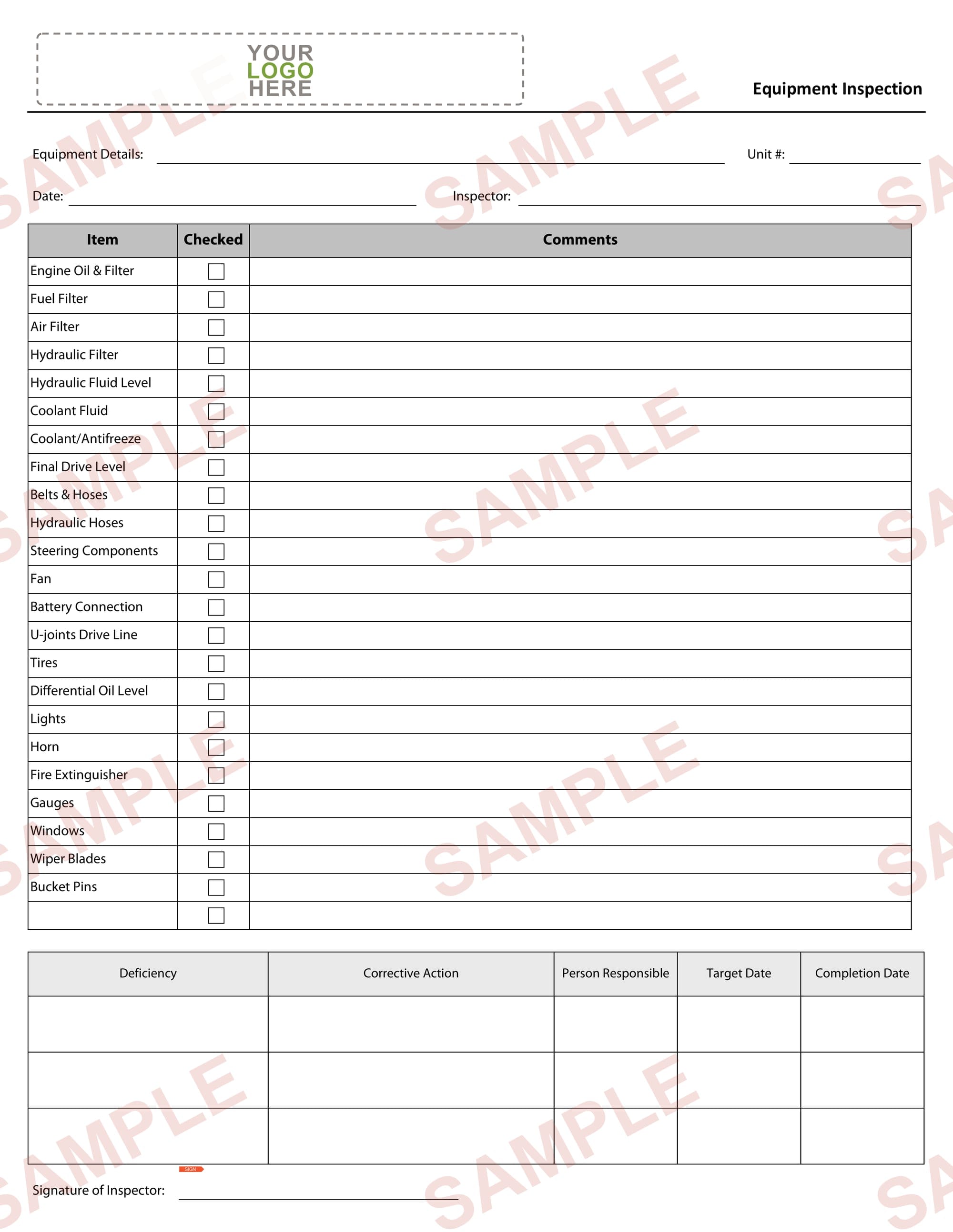 Equipment Inspection Checklist Form