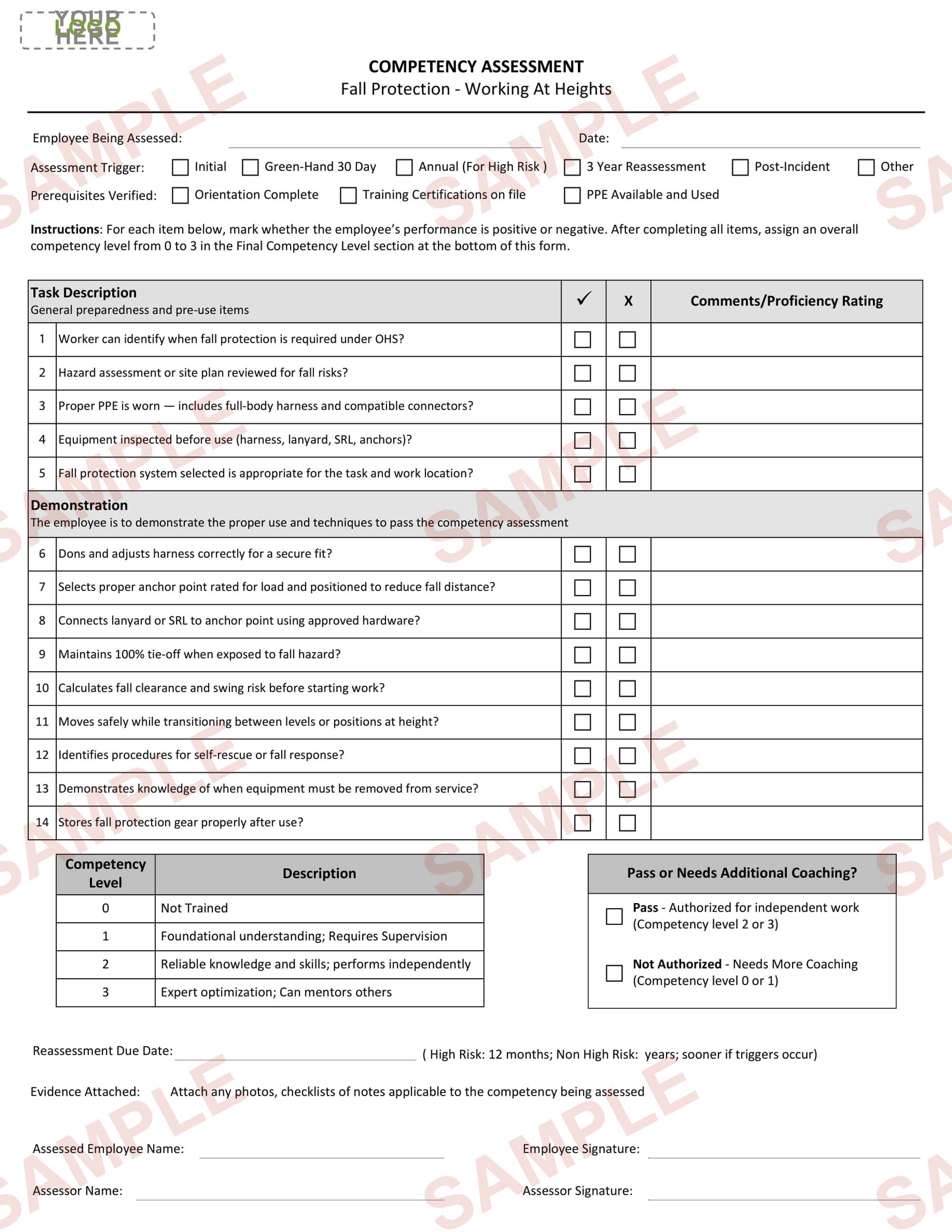 Fall Protection - Competency Assessment Form - Editable