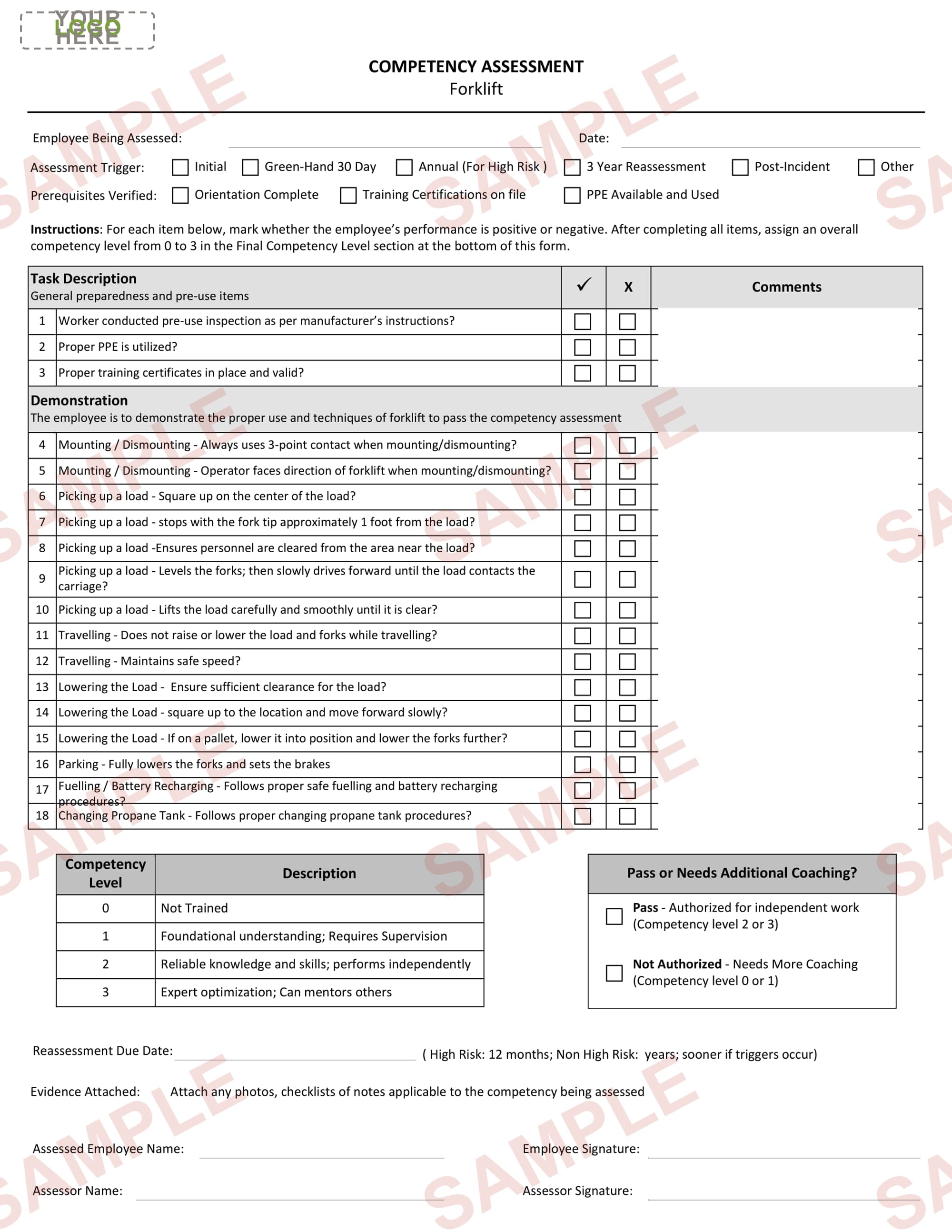 Forklift - Competency Assessment Form - Editable