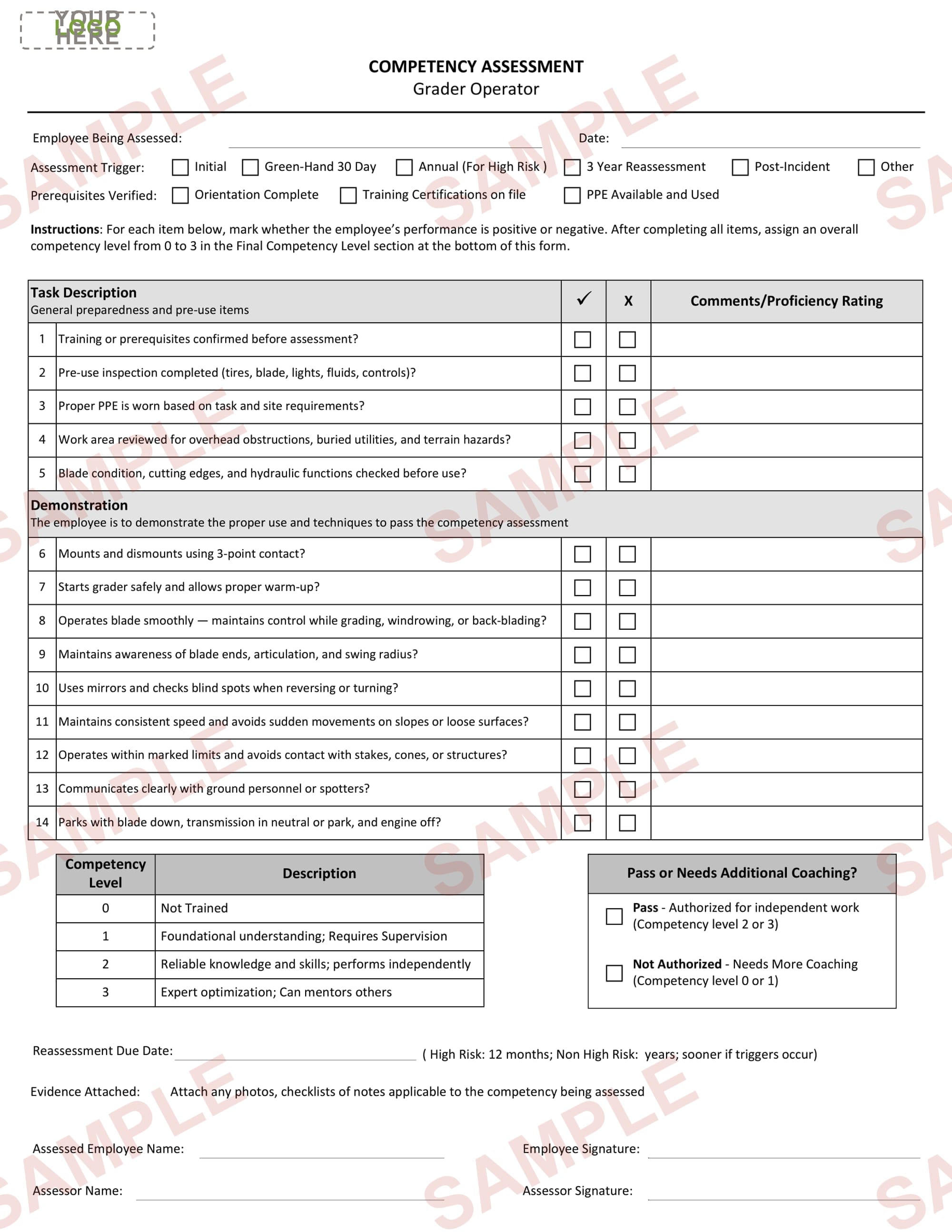 Grader Operator - Competency Assessment Form - Editable
