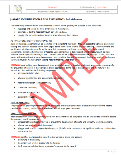 Hazard Identification and Risk Assessment - Saskatchewan RAVS