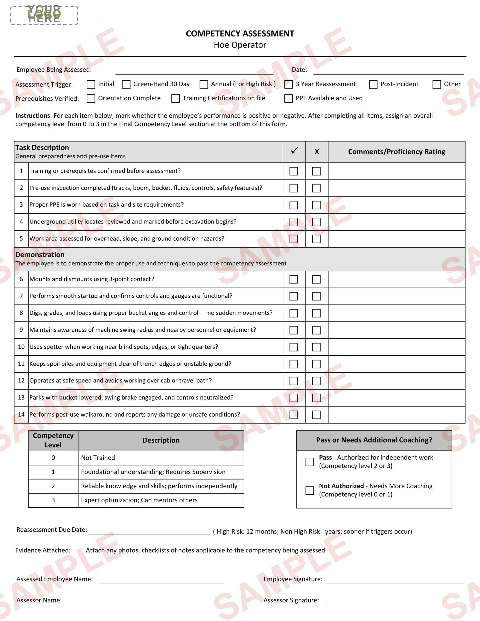 Hoe Operator - Competency Assessment Form - Editable