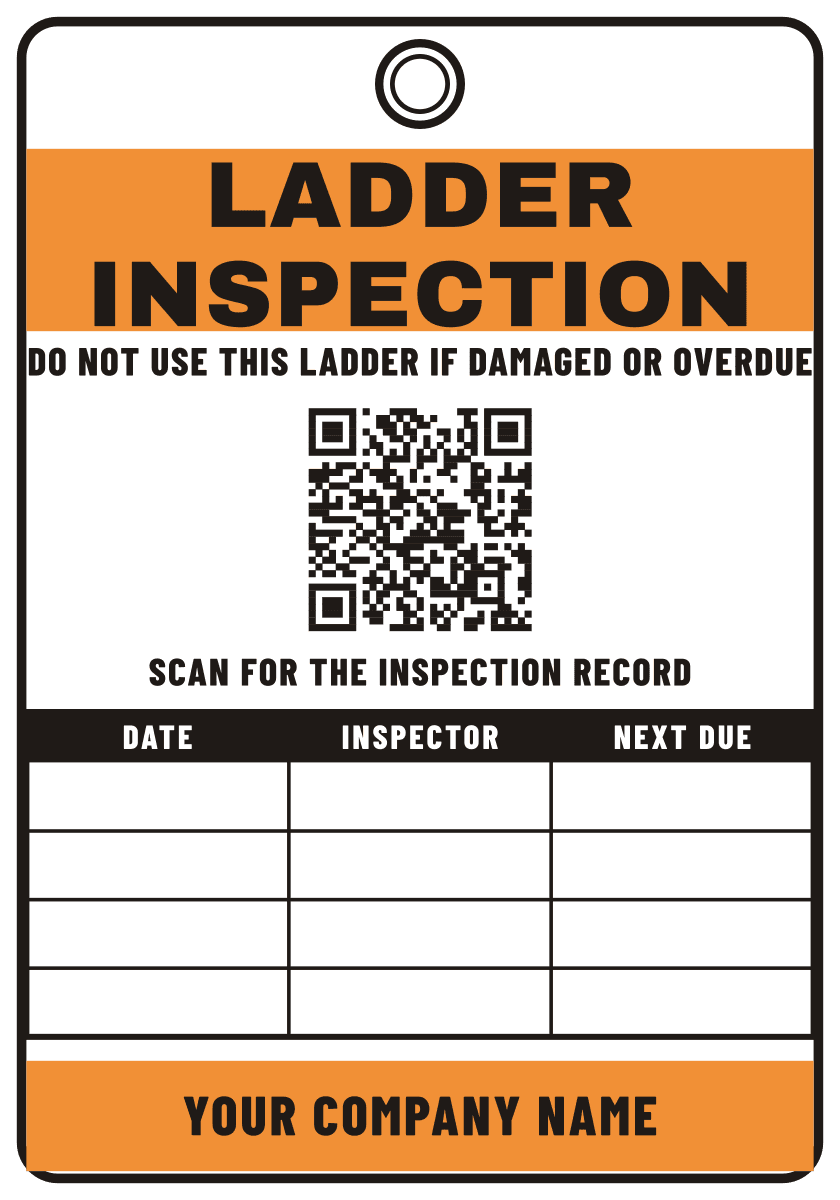 Ladder inspection tag showing the header, caution line, QR code and write-on inspection grid