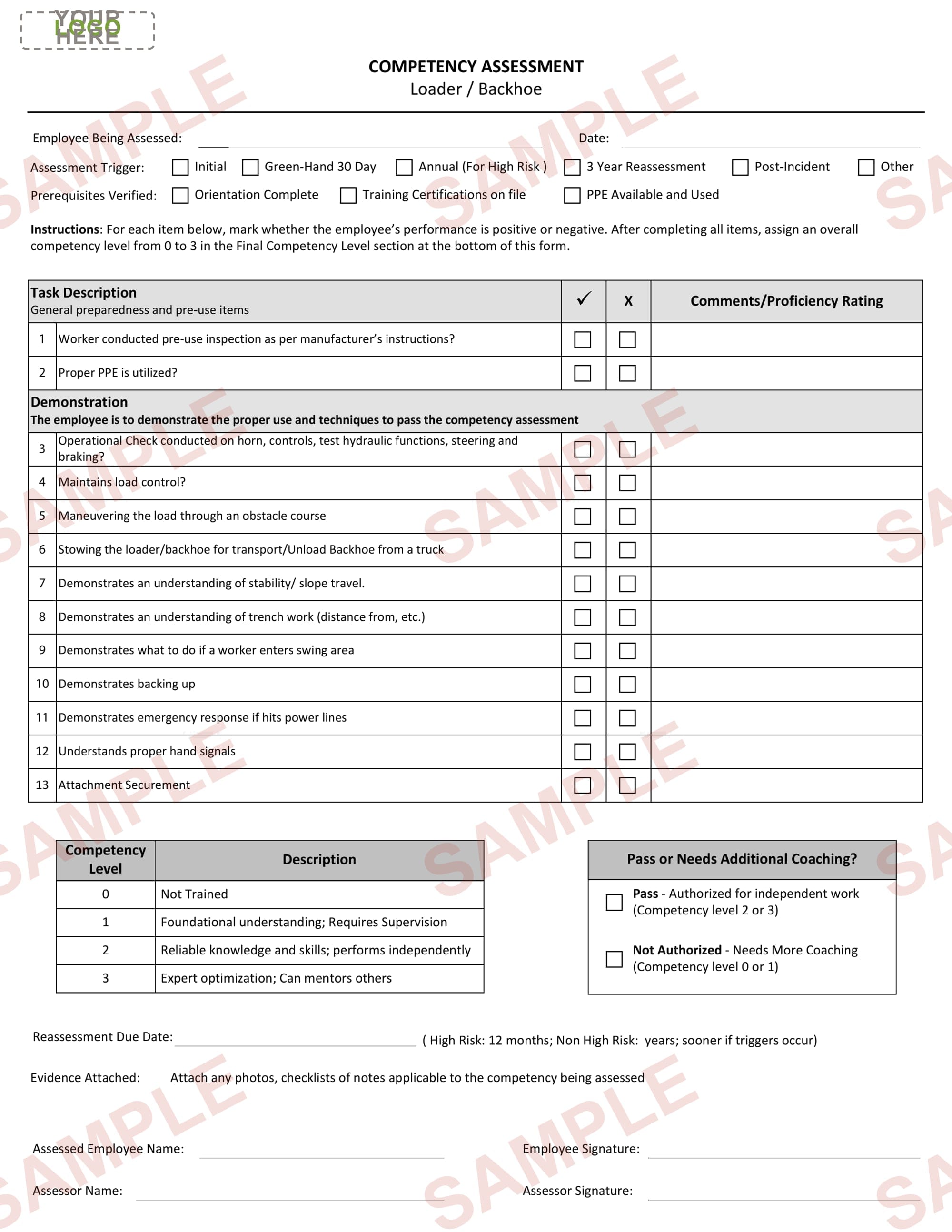 Loader/Backhoe - Competency Assessment Form - Editable