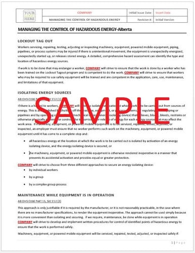 Managing the Control of Hazardous Energy - Alberta RAVS
