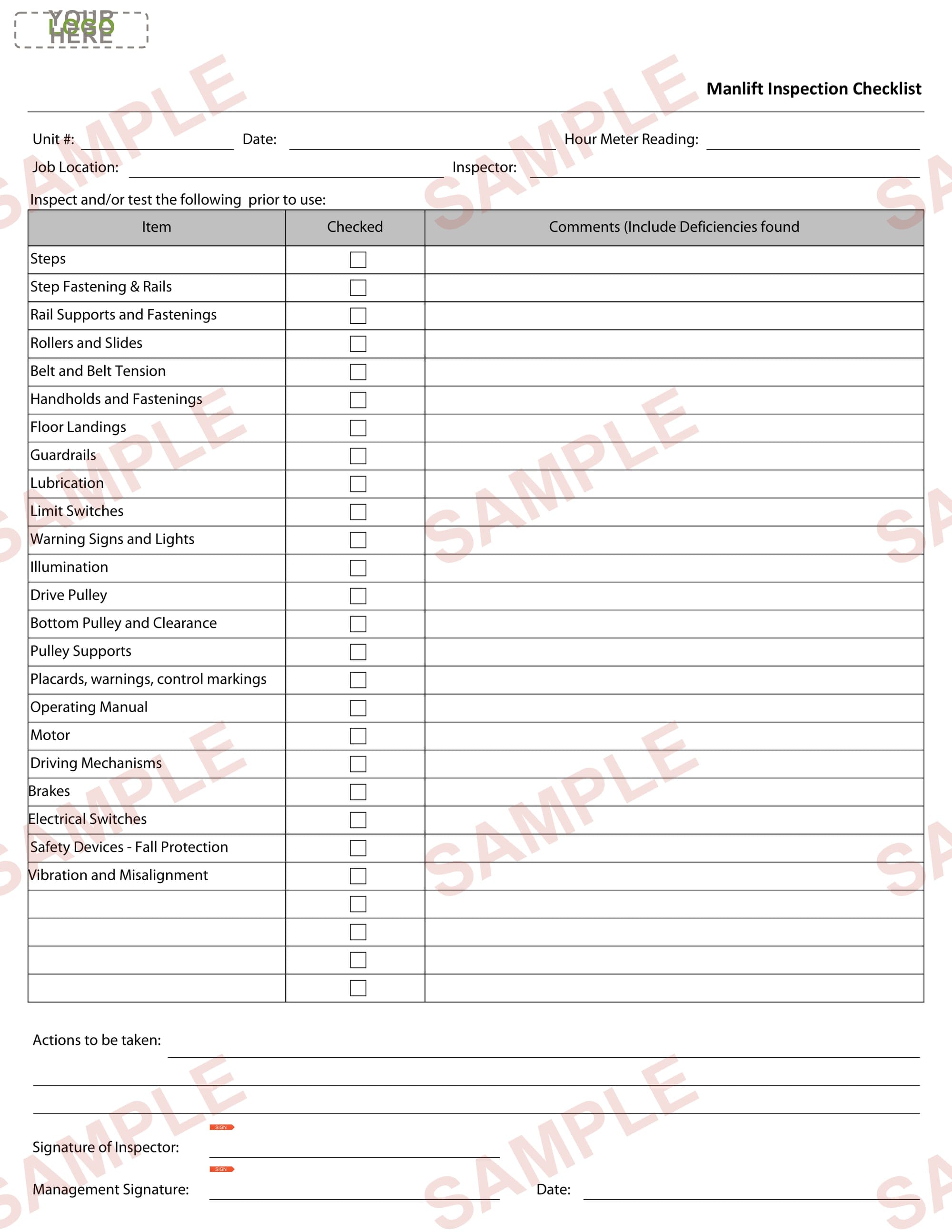 Manlift Inspection Checklist