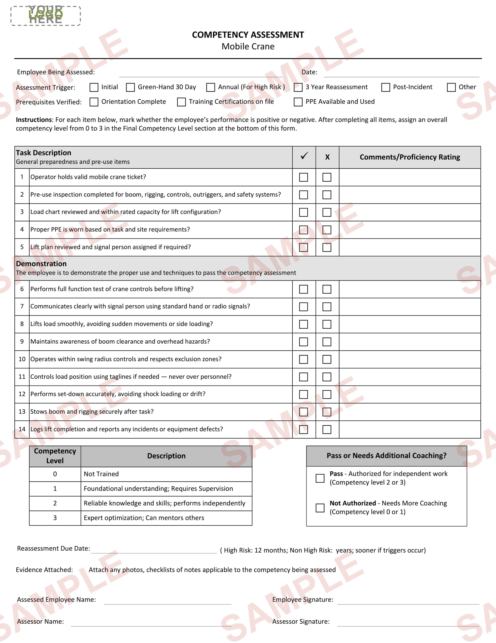 Mobile Crane - Competency Assessment Form - Editable
