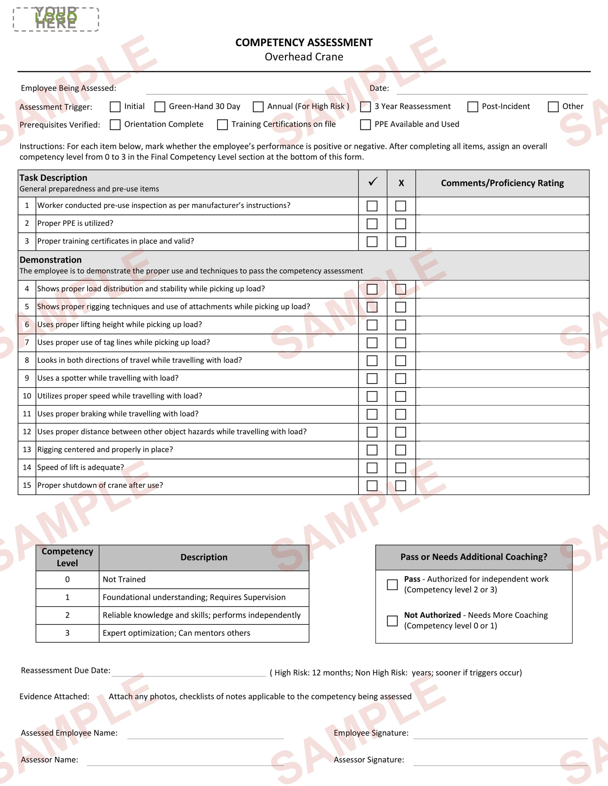 Overhead Crane - Competency Assessment Form - Editable