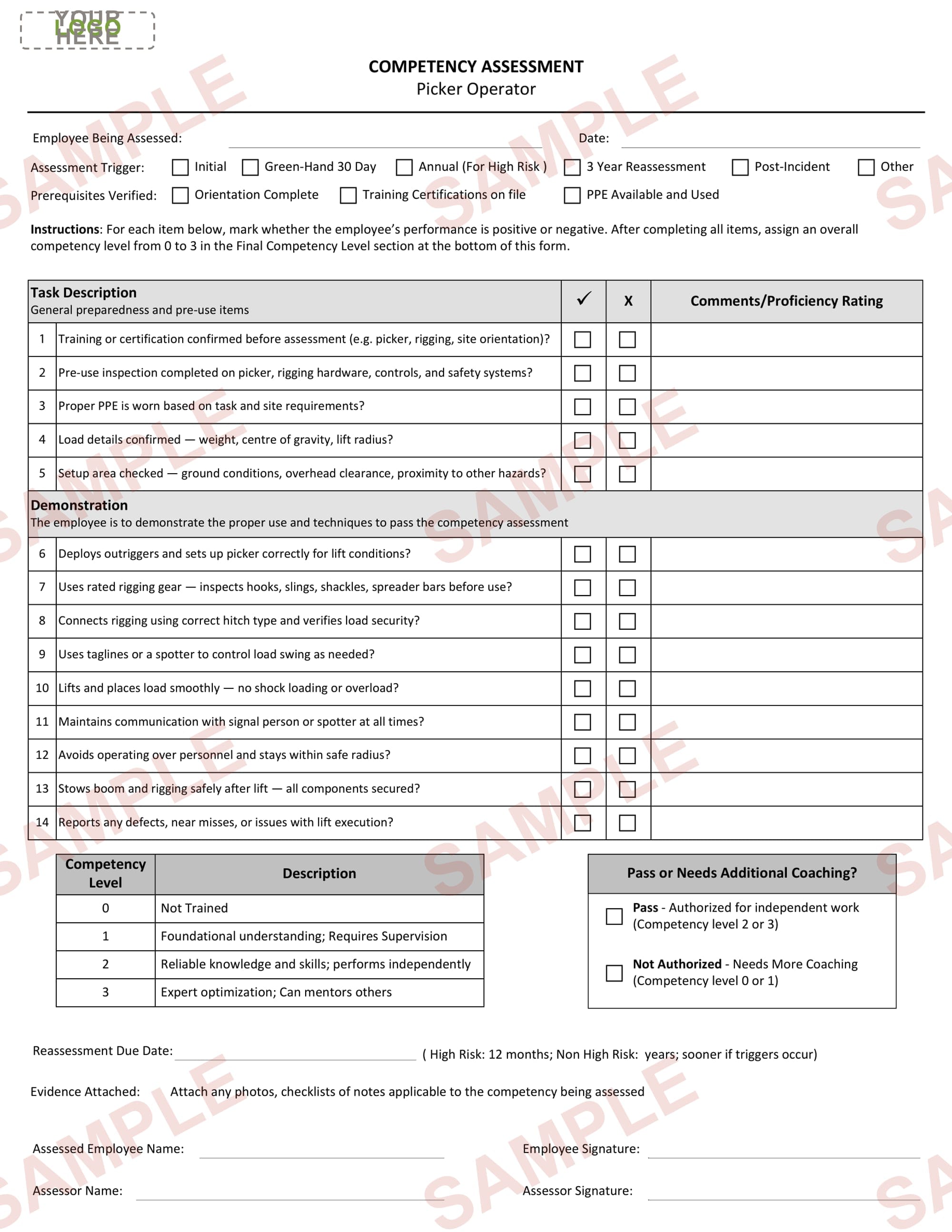 Picker Operator - Competency Assessment Form - Editable