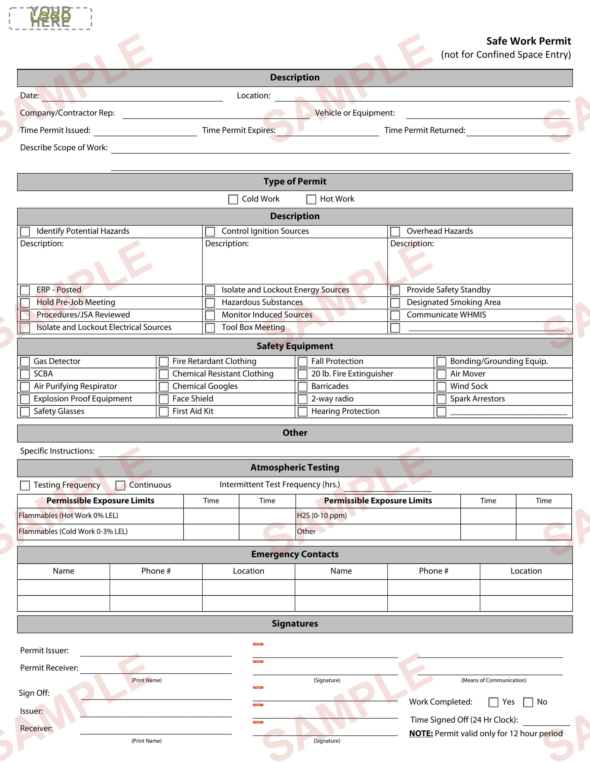 Safe Work Permit (not for Confined Space)
