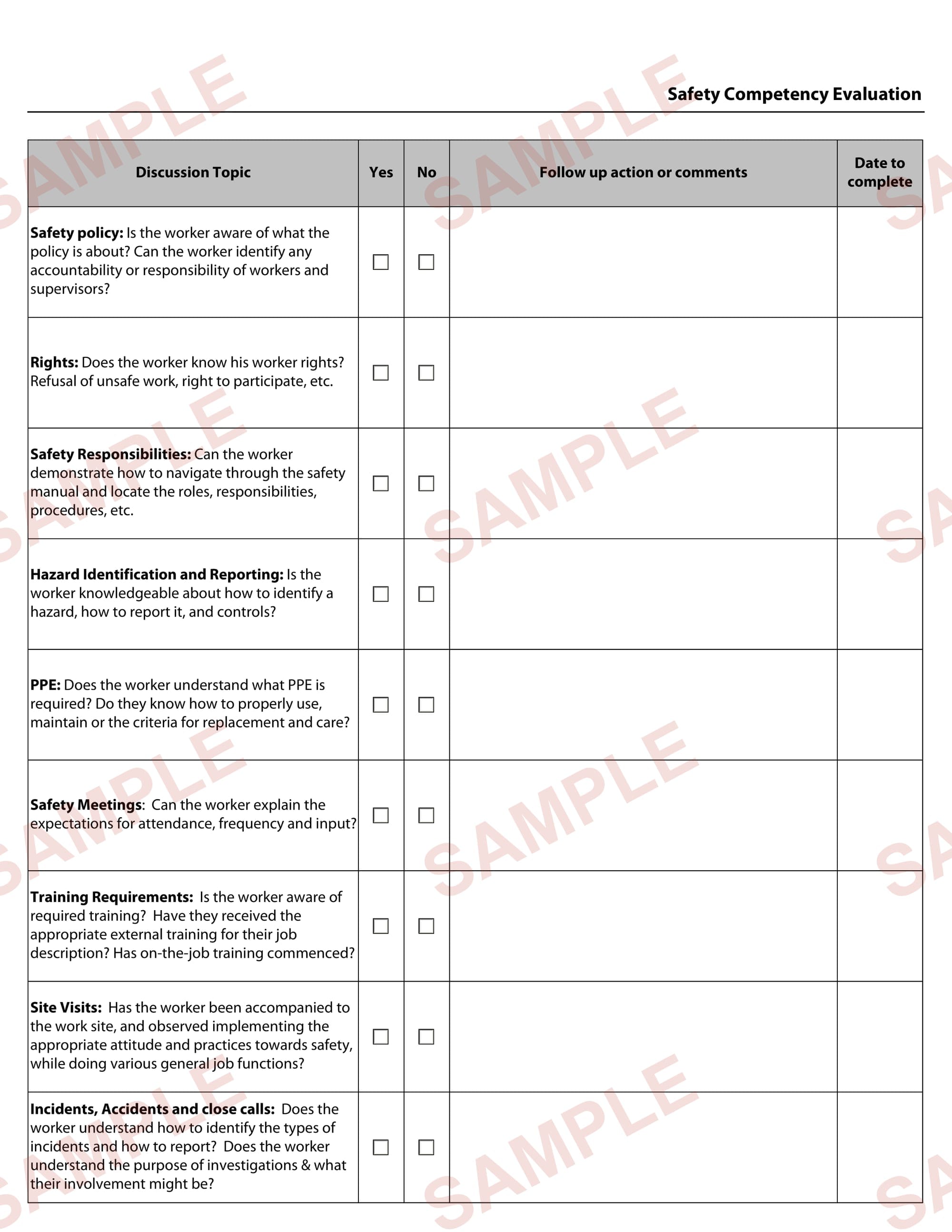 Safety Competency Evaluation Form - Digital