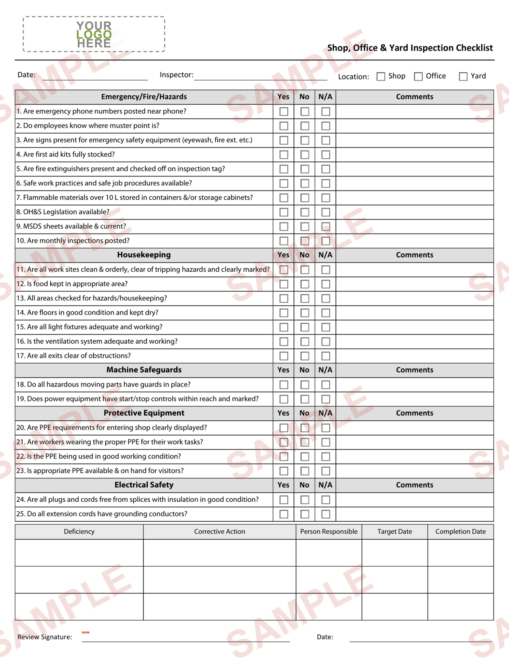 Shop, Office, Yard Inspection Checklist Form