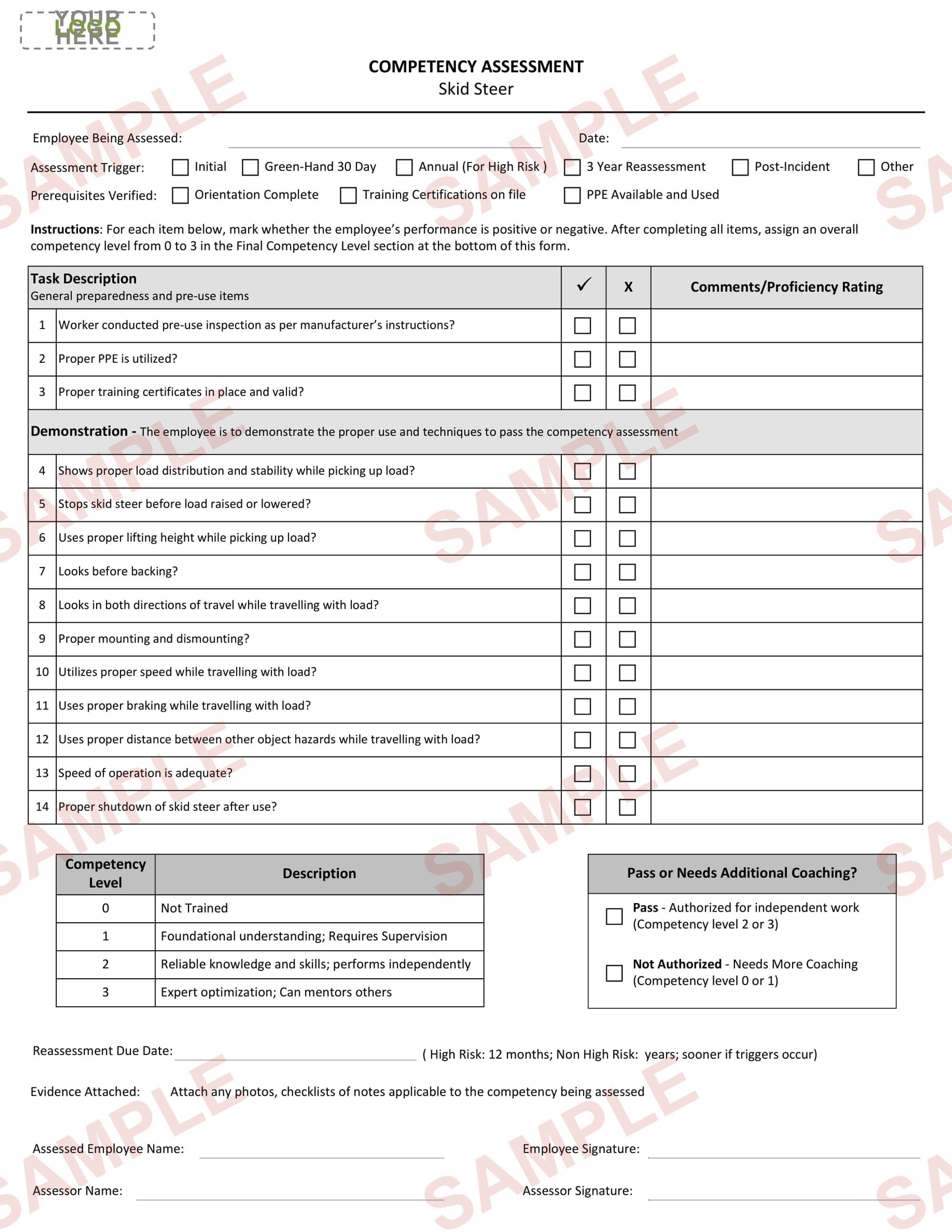 Skid Steer Operator- Competency Assessment Form - Editable