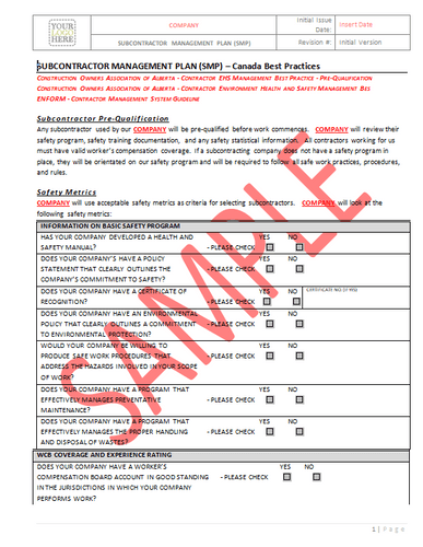 Subcontractor Management Plan - Canada Industry Practice RAVS