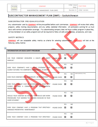 Subcontractor Management Plan - Saskatchewan RAVS