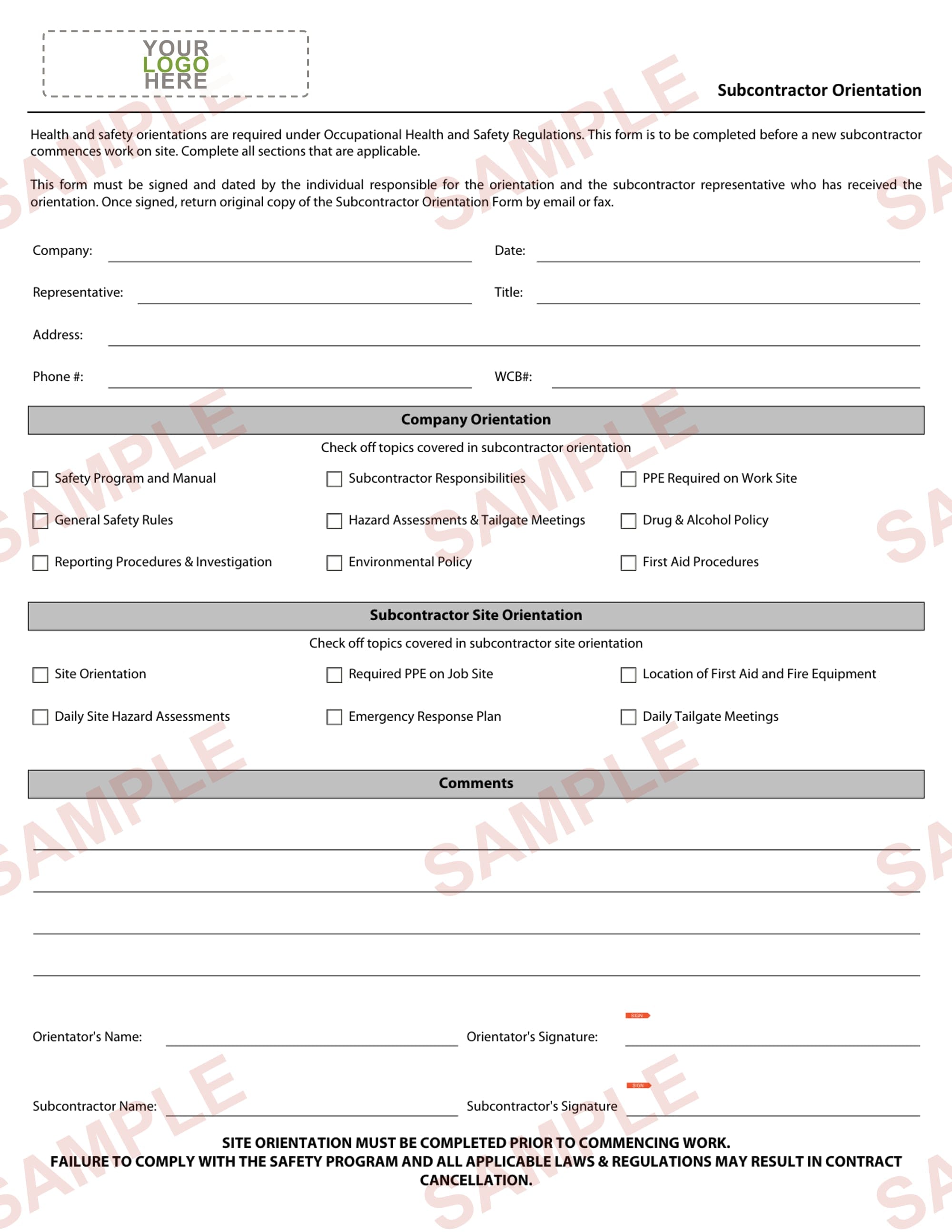 Subcontractor Orientation Form