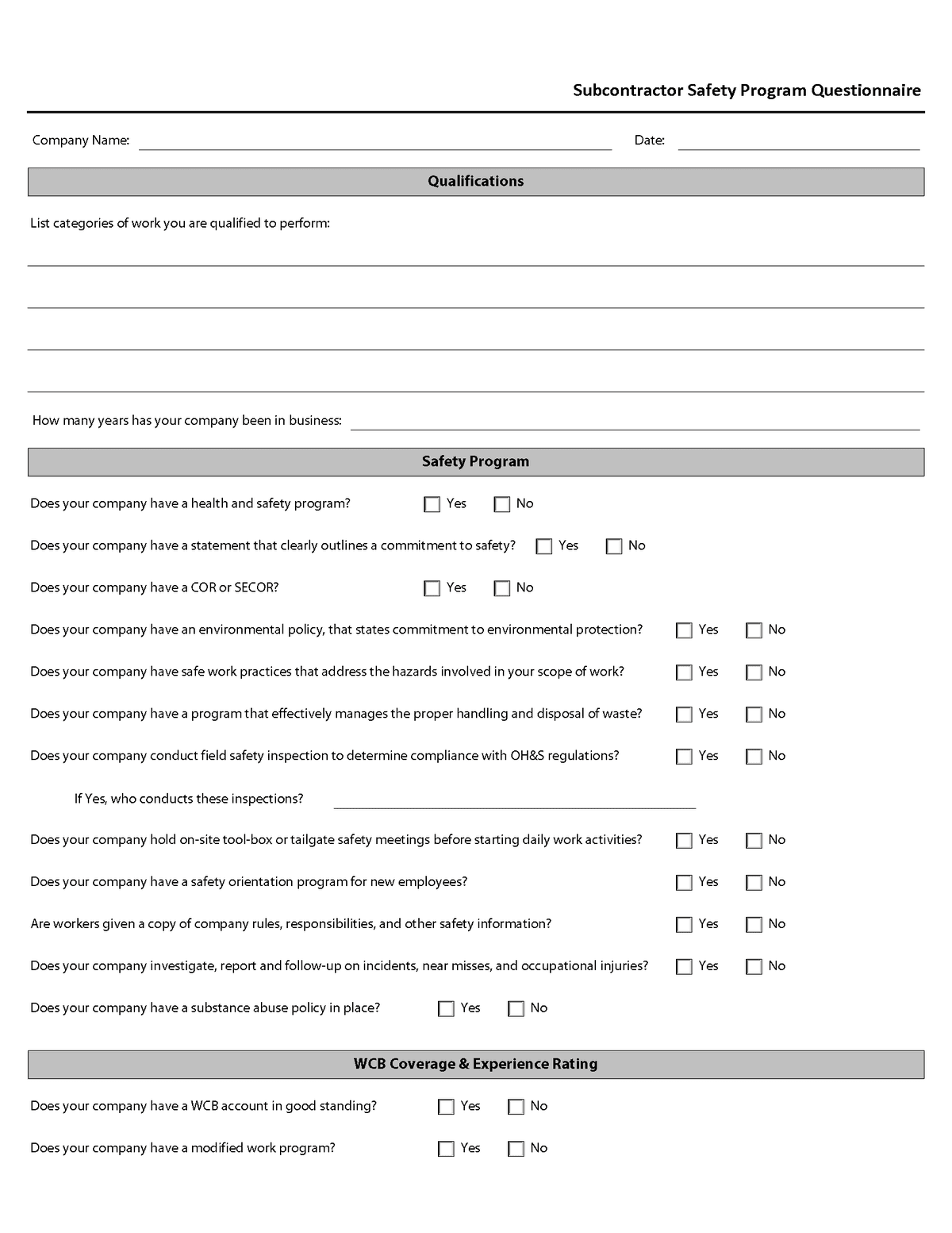 Subcontractor Safety Program Questionnaire Form page 1