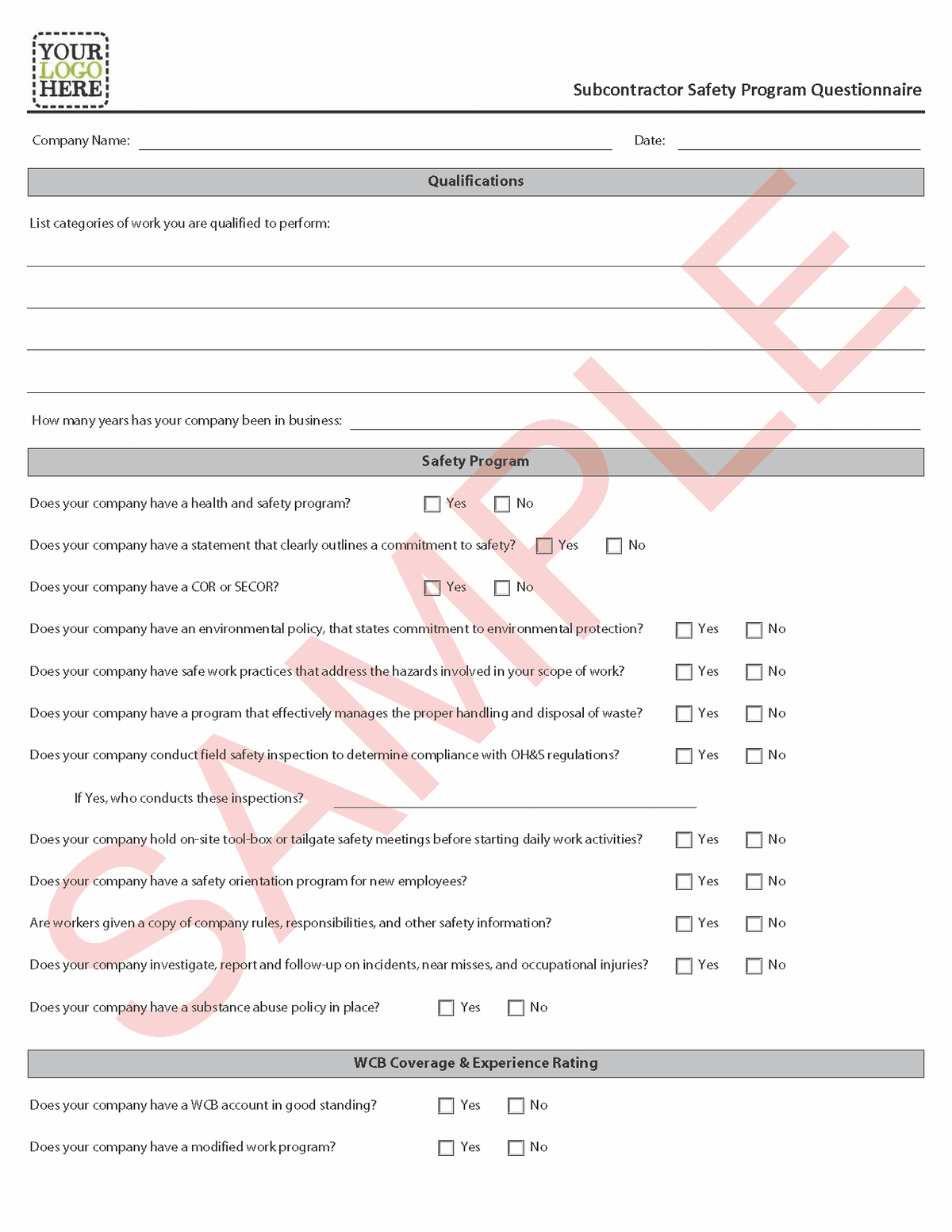 Subcontractor Safety Program Questionnaire Form page 2