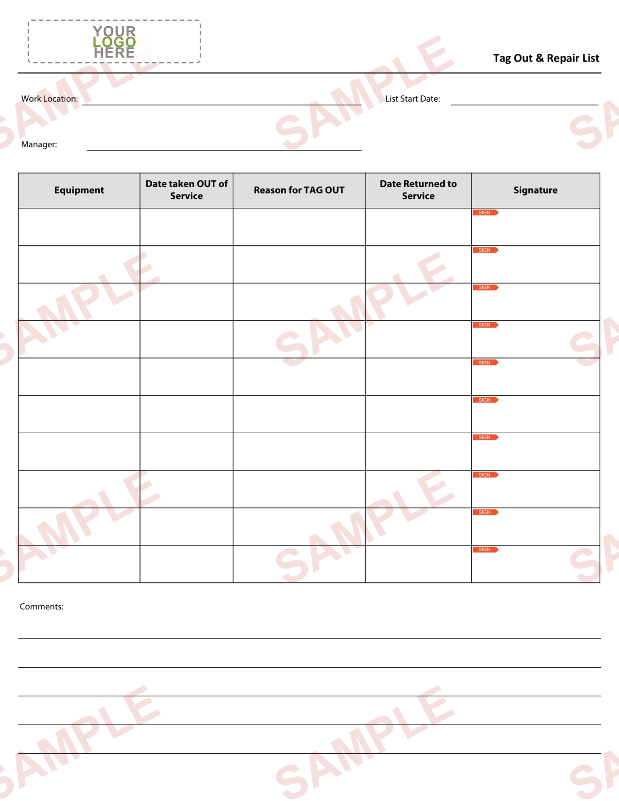Tag Out Repair List Form