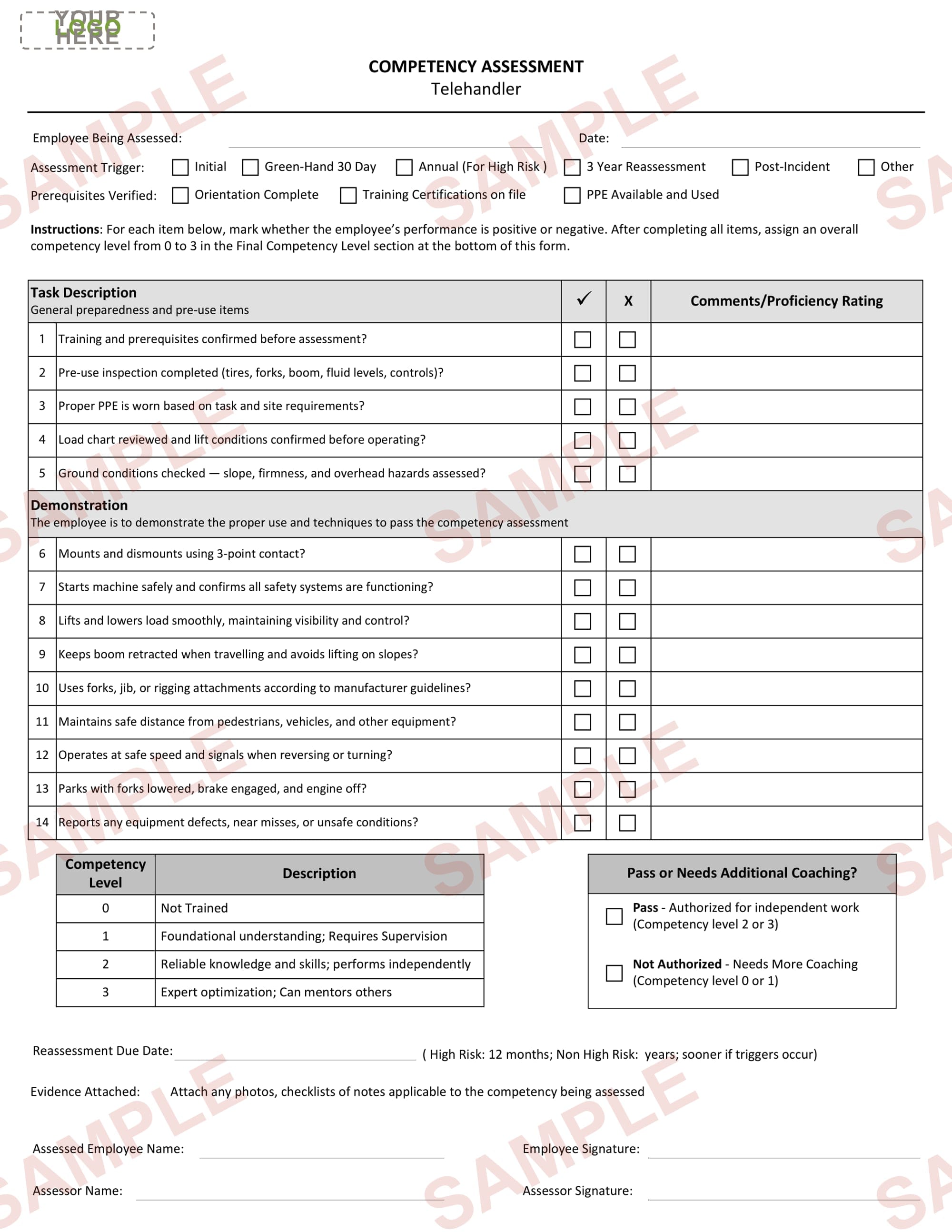 Telehandler Operator- Competency Assessment Form - Editable
