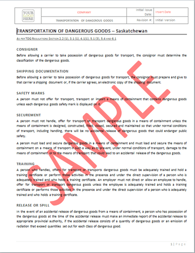 Transportation of Dangerous Goods (TDG) - Saskatchewan RAVS