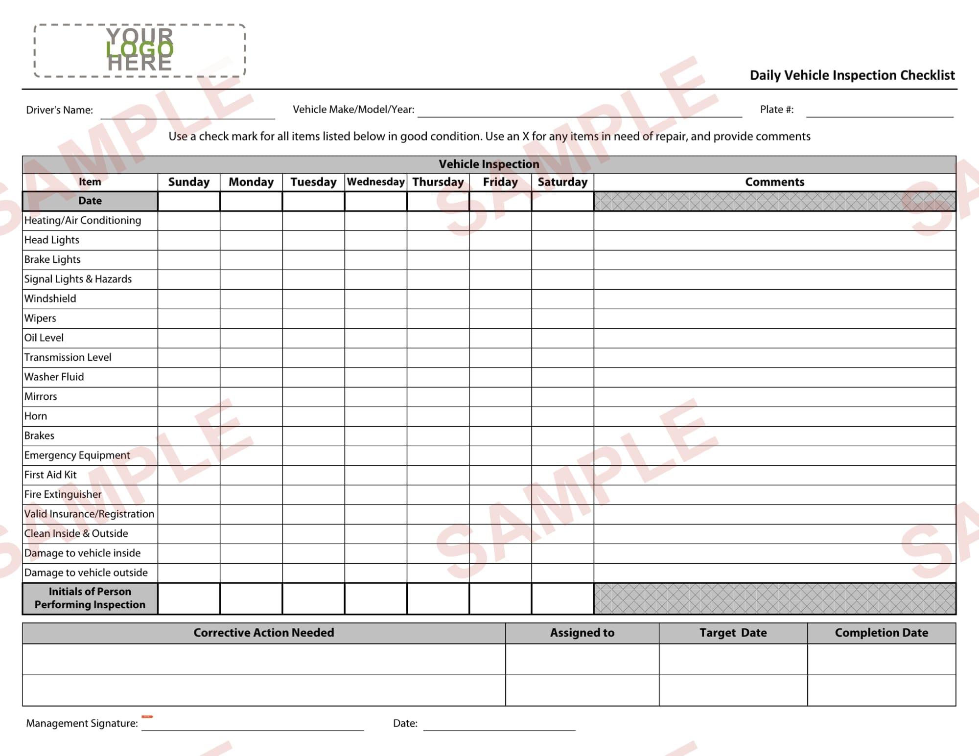 Vehicle Inspection Daily Form