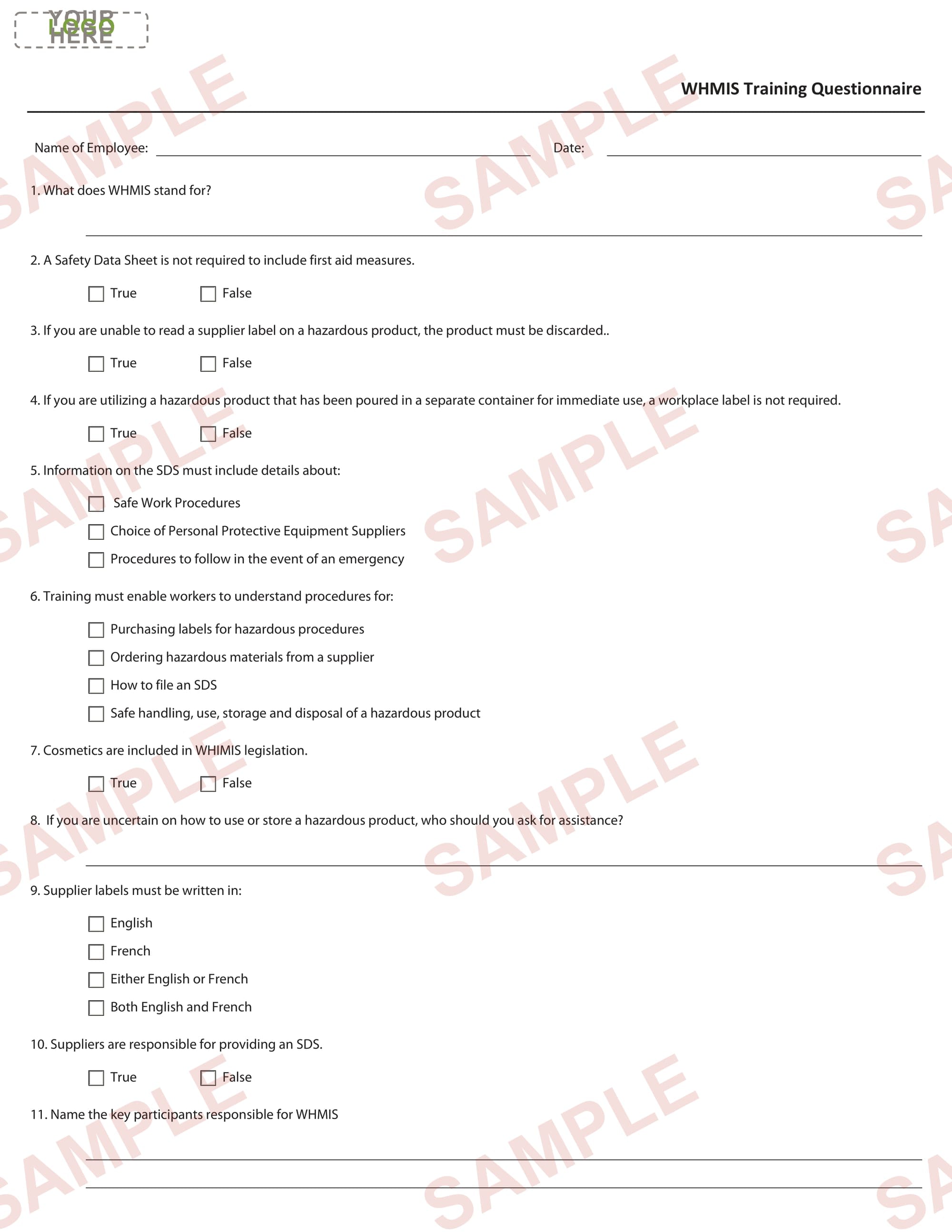 WHMIS Training Program Questionnaire