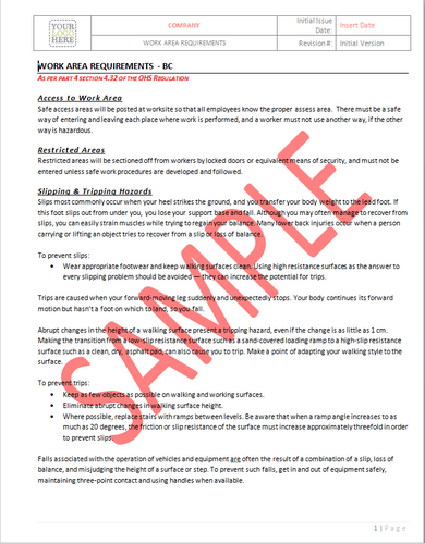 Work Area Requirements - BC RAVS