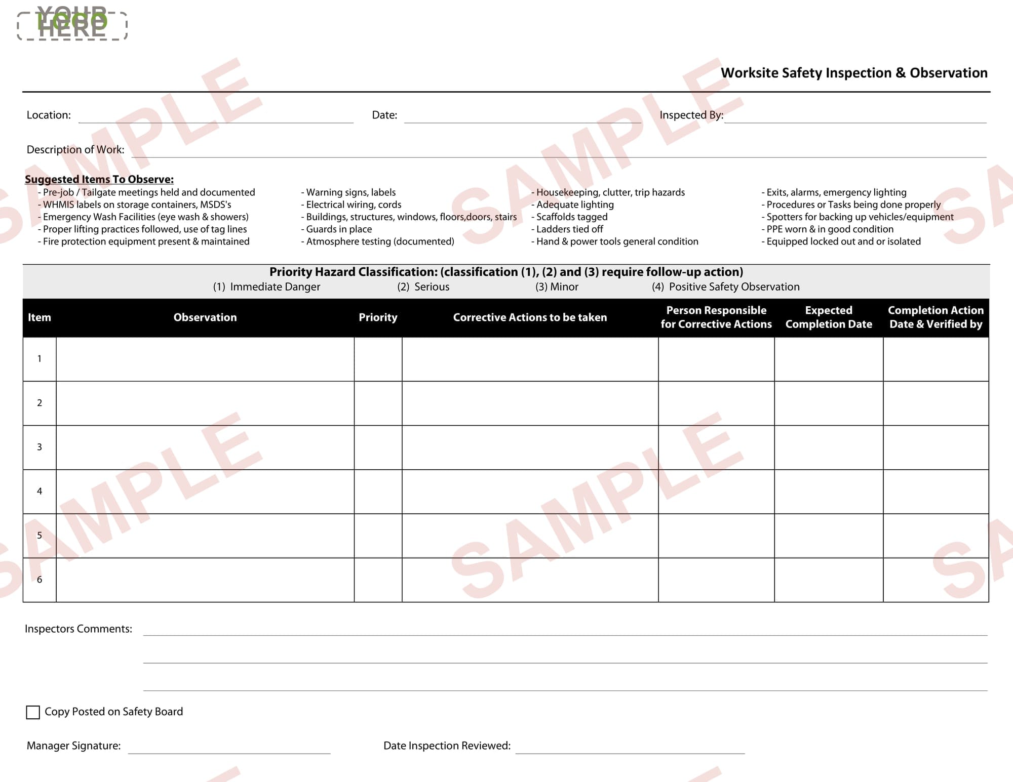 Worksite Safety Inspection Observation Form