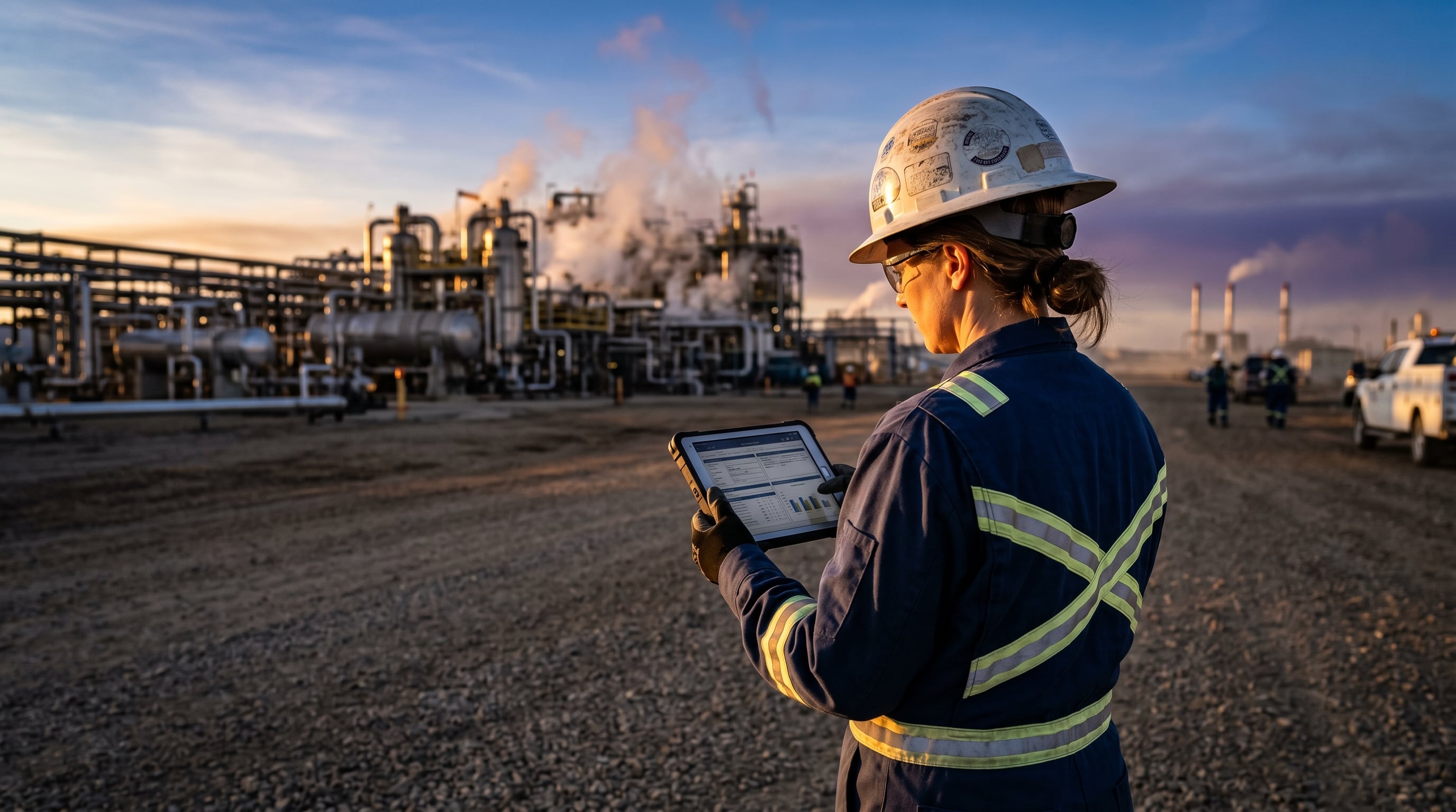 An Alberta oil and gas safety professional reviewing compliance documentation on a tablet at an active wellsite.