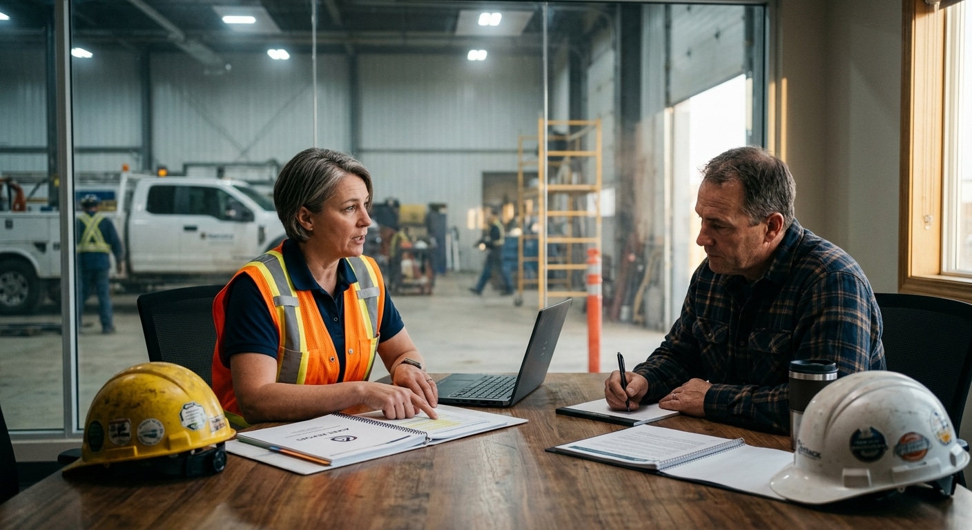 A COR audit closeout meeting between an auditor and an employer.
