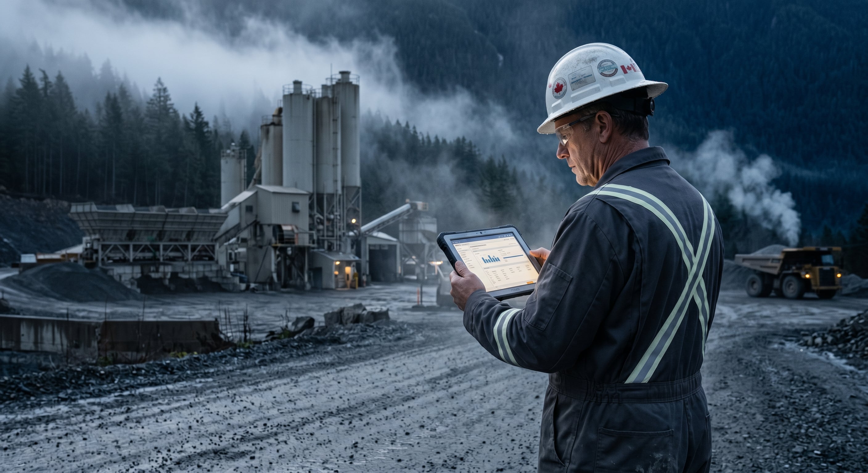 A safety professional reviewing an inspection tablet at a mountain worksite in Western Canada.