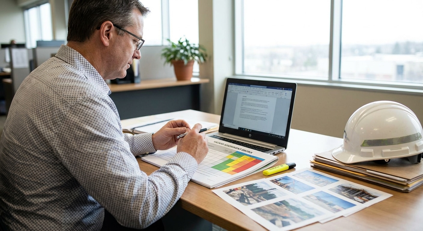 A safety coordinator building a formal hazard assessment document at a desk.
